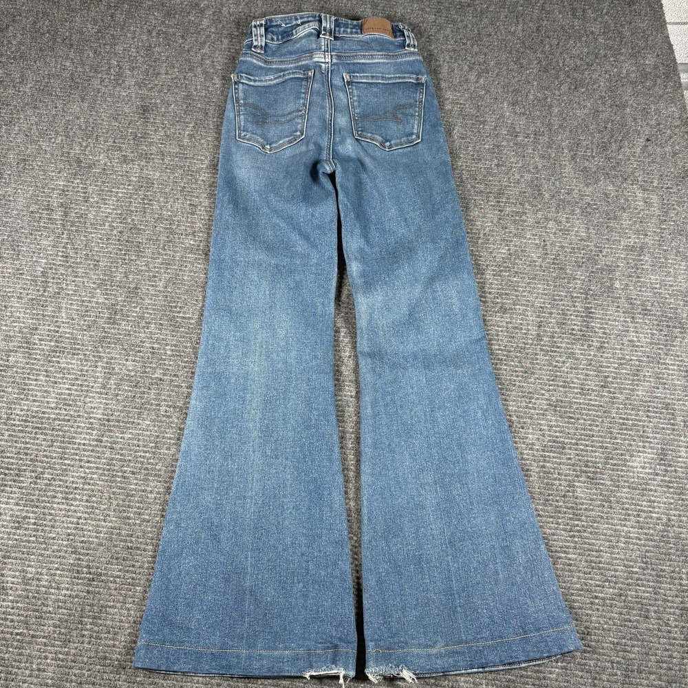 American Eagle Super Hi-Rise Flare Jeans Womens 000 Short Blue Good Patch Pocket